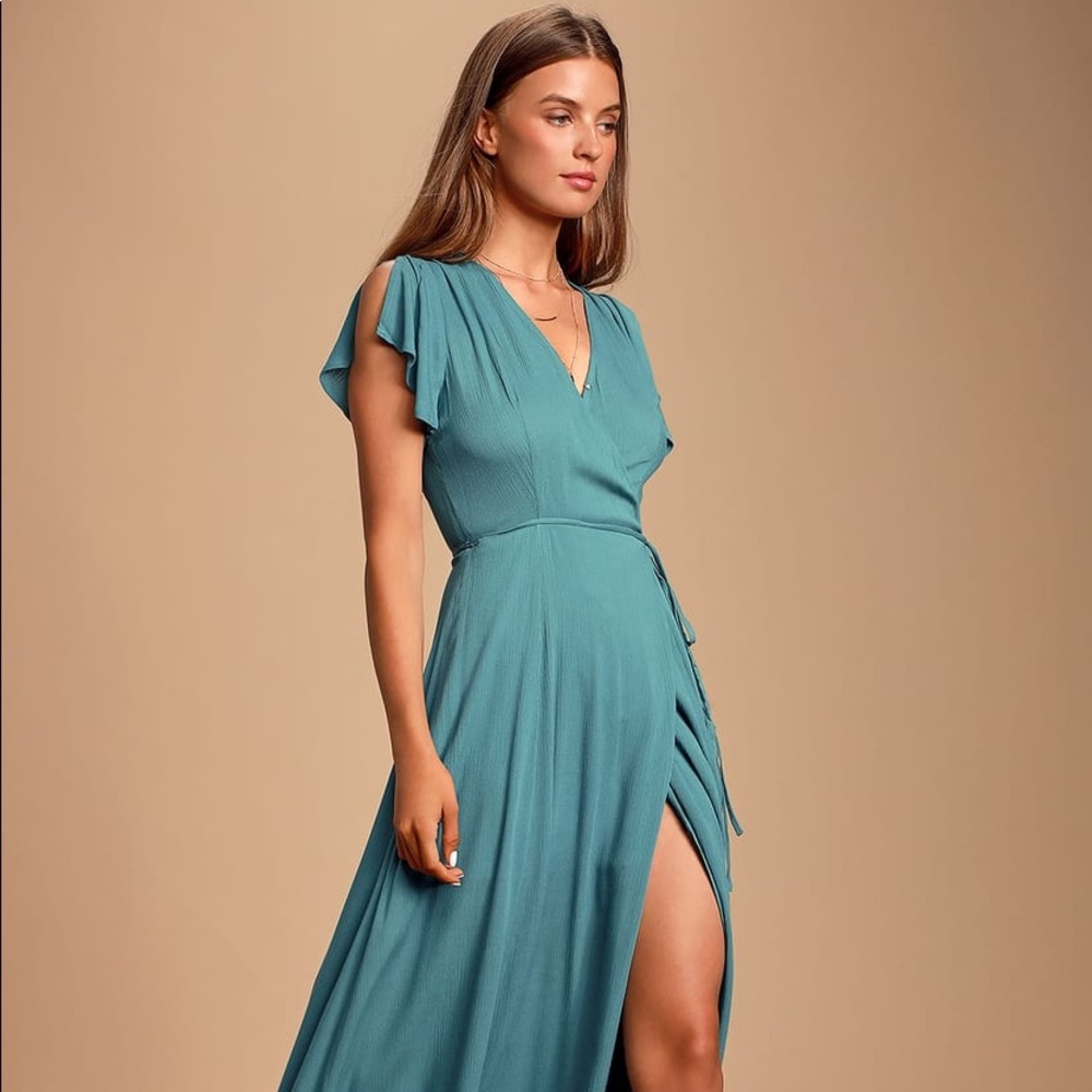 Lulus Heart of Marigold Teal Blue Wrap Dress